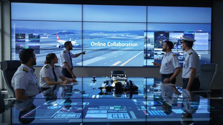 Aviation professionals collaborating via digital screens in a bright meeting room