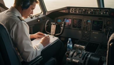Pilot calculates figures inside 737 cockpit