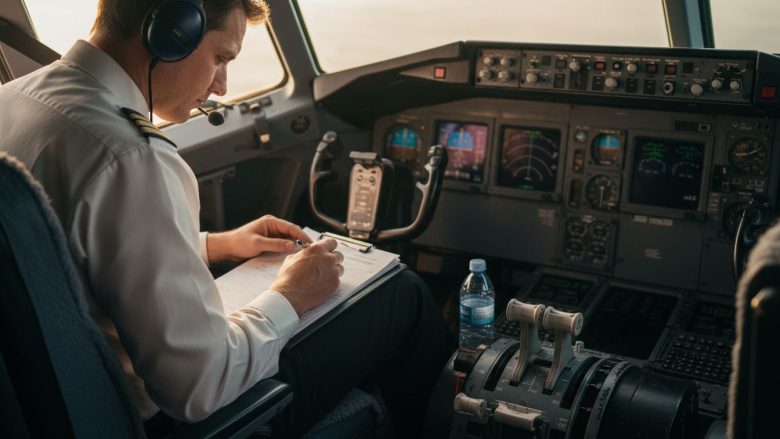 Pilot calculates figures inside 737 cockpit