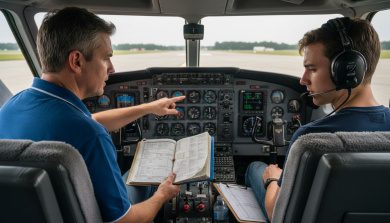 Flight instructor demonstrating controls in cockpit