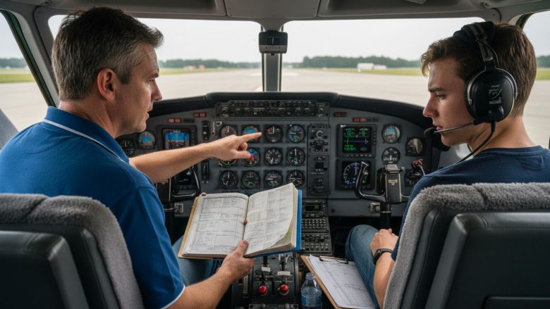 Flight instructor demonstrating controls in cockpit