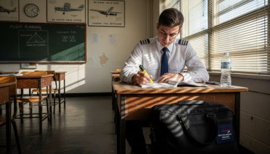 Pilot trainee studying for aptitude exams