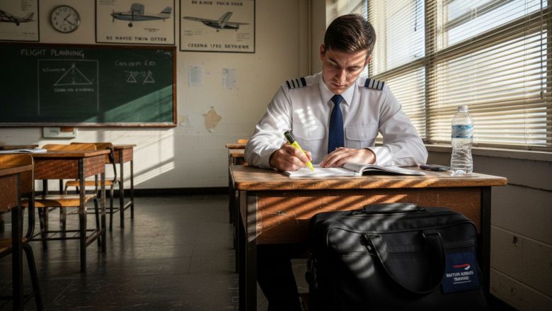 Pilot trainee studying for aptitude exams