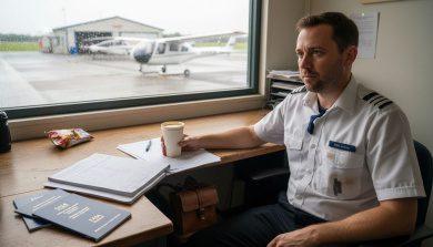 Pilot reviewing training logs and licences
