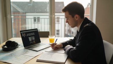 Pilot studying aviation English online at table