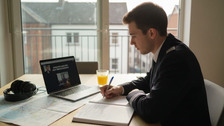 Pilot studying aviation English online at table