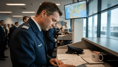 Pilot reviewing aviation weather reports at airport
