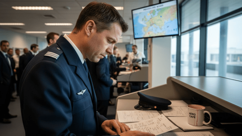 Pilot reviewing aviation weather reports at airport