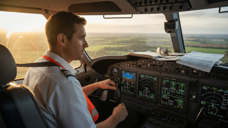 Pilot adjusting controls in cockpit with instruments