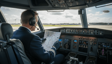 Pilot reviewing navigation chart in cockpit
