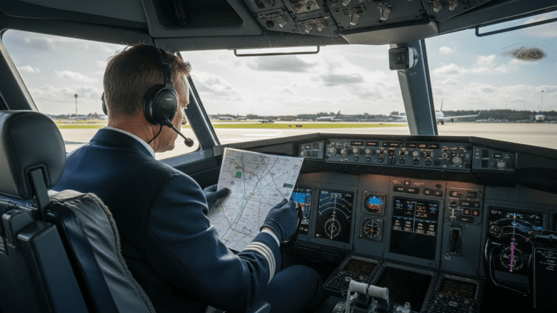 Pilot reviewing navigation chart in cockpit