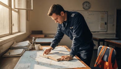 Pilot reviewing laminated European airspace chart