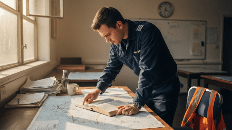 Pilot reviewing laminated European airspace chart
